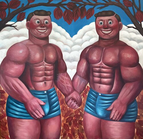 Two men holding hands in fall. by artist Amalia Angulo